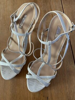 GUESS Women's off-White and silver Strappy Sandal Heels